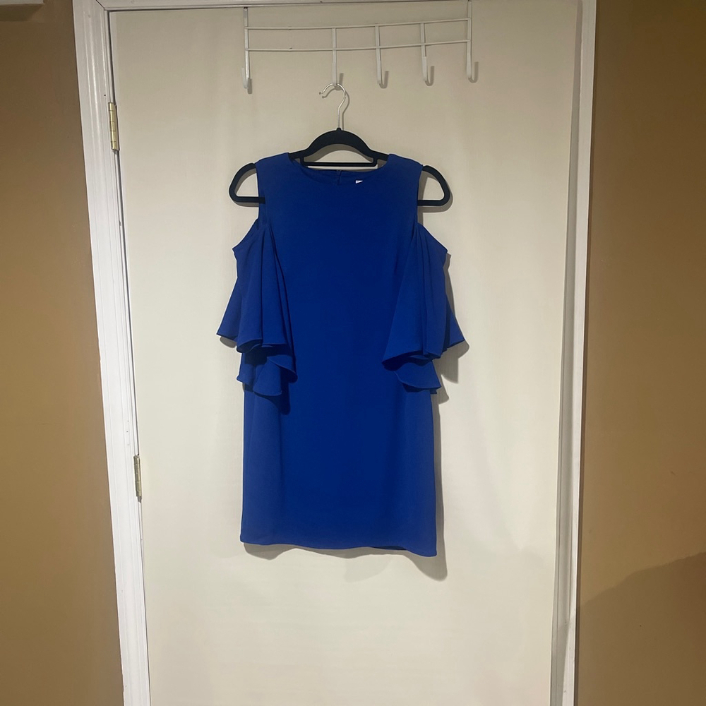 Women's London Times Royal Blue Cold Shoulder Ruffle Mini Dress US 4